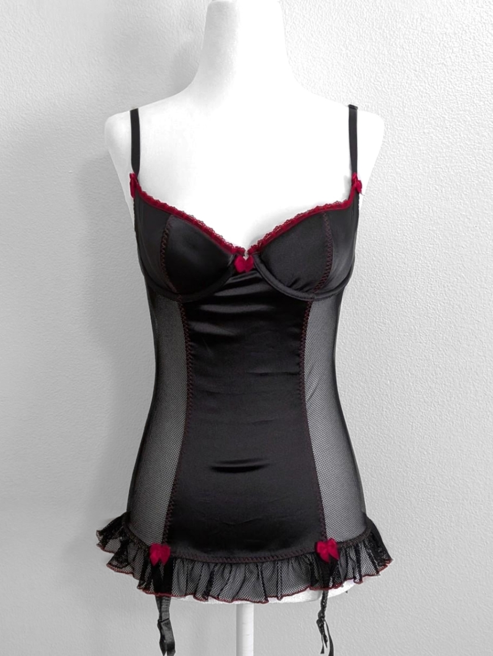 Frederick's of Hollywood Black Gothic Red Lace Trim Mesh Mini Dress | Size M
